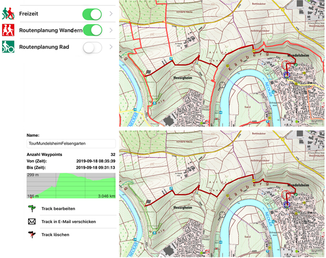 Routenplanung in Wanderwegenetz (oben), daraus generierte Route (unten), Gespeichert als GPX-Track
