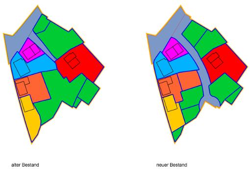 Grafische Grundstücksgegenüberstellung vor und nach der Neuordnung